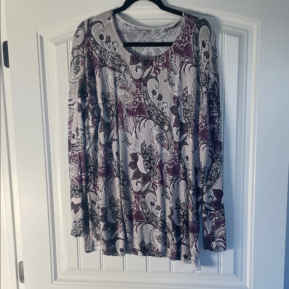 Chico's Purple and Cream Paisley Long Sleeve Sweater